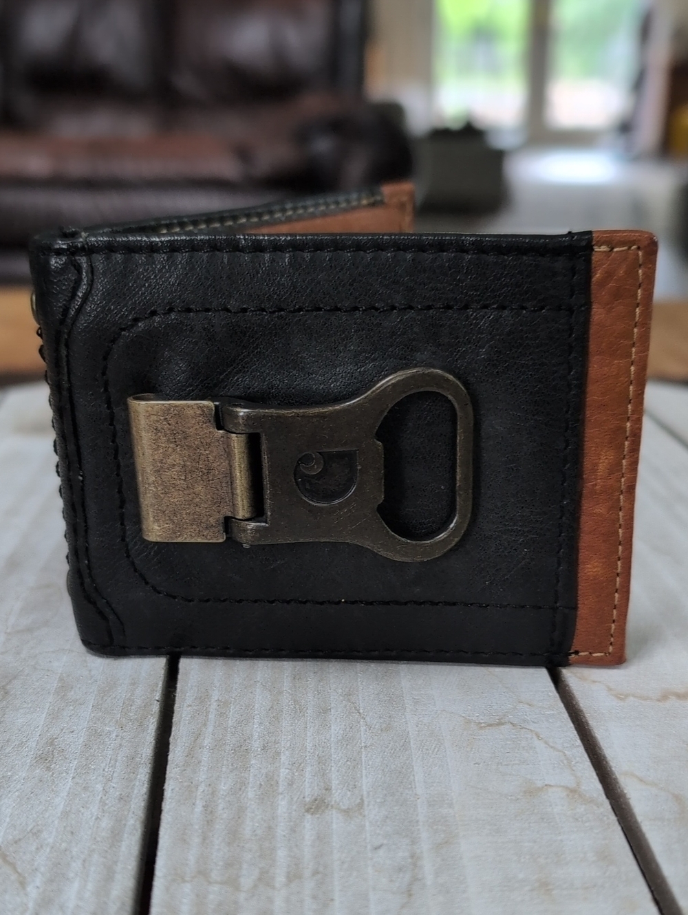 Men's Carharrt Black and Brown Leather Bifold Wallet with Bottle Opener Clip